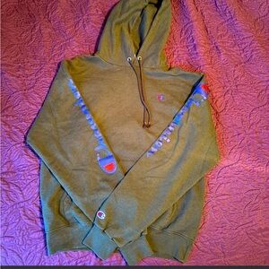 Champion Olive Green Crewneck Hoodie with Script Sleeves